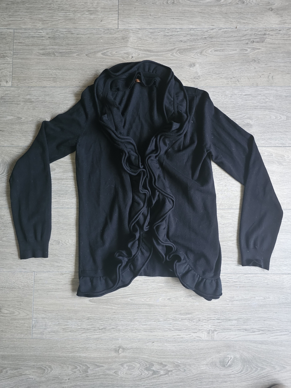 Belldini Black Ruffle-Front Open Cardigan